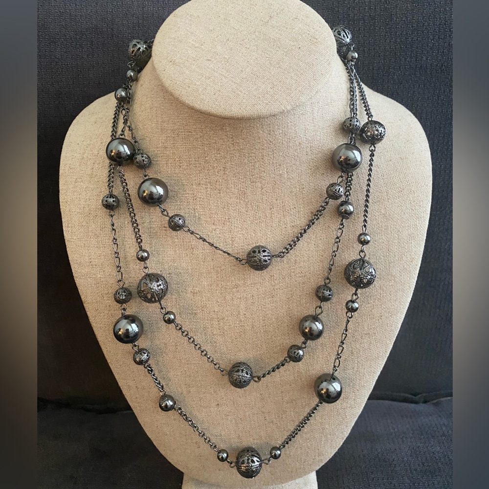 Necklace In Gunmetal Gray, 58” Long. Three Size Beads.